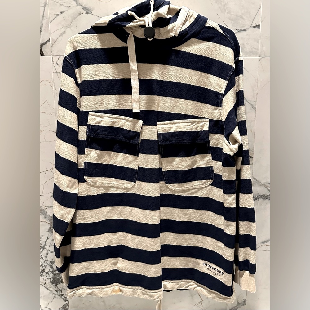 Burberry men's Thornford Navy Stripe Pullover Hoodie, Sz LG